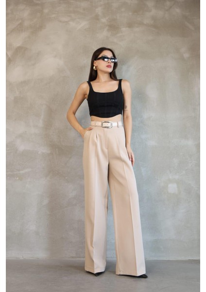 Kadın Palazzo Pileli Pantolon Ithal Doubleface Kumaş Yüksek Kaliteli Ürün Yüksek Bel Kemerli indirimleri