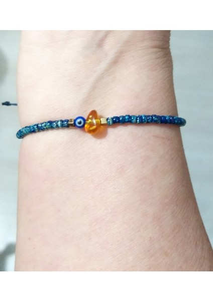 Hematit Doğaltaşlı Kehribar Nazar ve Miyuki Round Boncuklu Unisex Bileklik