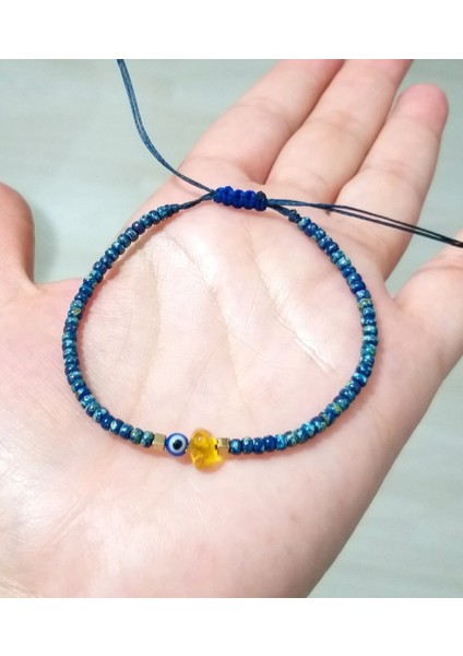 Hematit Doğaltaşlı Kehribar Nazar ve Miyuki Round Boncuklu Unisex Bileklik