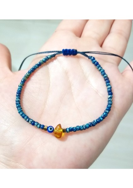 Hematit Doğaltaşlı Kehribar Nazar ve Miyuki Round Boncuklu Unisex Bileklik