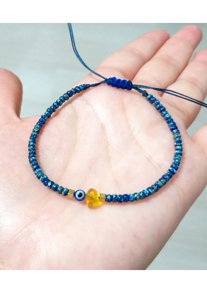 Hematit Doğaltaşlı Kehribar Nazar ve Miyuki Round Boncuklu Unisex Bileklik