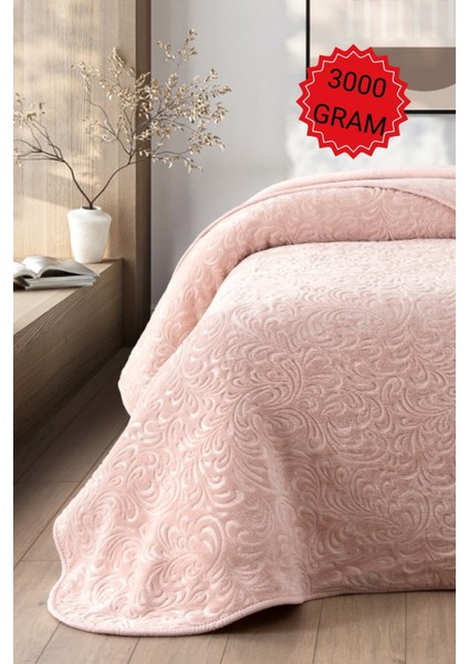 Kadife Dokulu Çift Kişilik Battaniye – Yumuşak & Kalın (3 Kg) Yatak Örtüsü - Jakarlı Pudra Battaniye