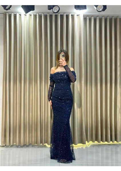 Lacivert Uzun Kollu Pul Payetli Önü Detaylı Balık Abiye Elbise GS7570