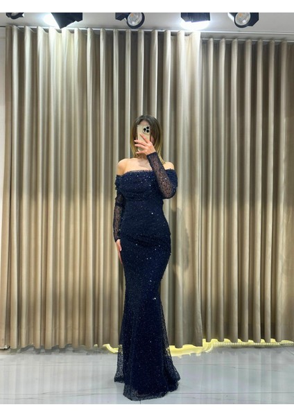 Lacivert Uzun Kollu Pul Payetli Önü Detaylı Balık Abiye Elbise GS7570 fiyatları