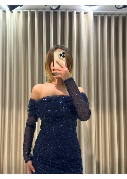 Lacivert Uzun Kollu Pul Payetli Önü Detaylı Balık Abiye Elbise GS7570 modelleri