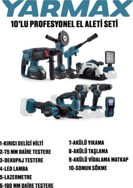 10'lu Şarjlı Pro Set Kırıcı-Taşlama-Matkap-Daire Testere-Yıkama-Dekupaj