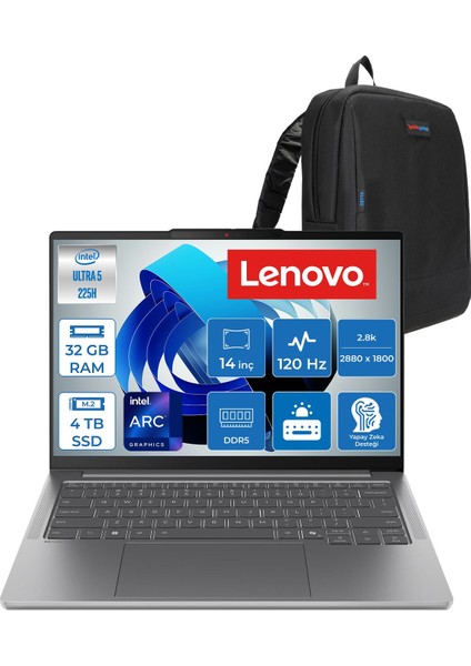 Ideapad Pro 5 Intel Ultra 5 225H 32GB 4tb SSD Intel Arc 130T Gpu 14" 2.8k (2880X1800) OLED 1100NITS 120hz Windows 11 Pro Taşınabilir Bilgisayar 83JK002BTRP12 + Zettaçanta