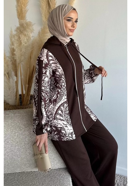 Dijital Baskılı Kapüşonlu Tunik Bel Lastikli Pantolon Tesettür Ikili Takım P-00019239