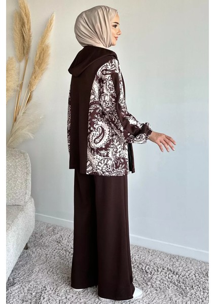 Dijital Baskılı Kapüşonlu Tunik Bel Lastikli Pantolon Tesettür Ikili Takım P-00019239 modelleri
