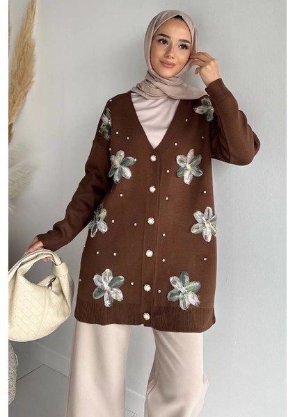 Taş Detaylı Çiçek Işlemeli Tesettür Triko Hırka P-00014665