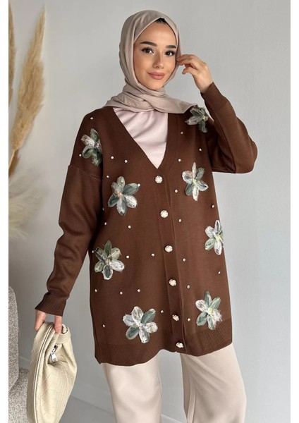 Taş Detaylı Çiçek Işlemeli Tesettür Triko Hırka P-00014665 fiyatları