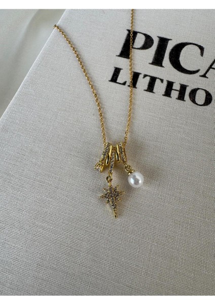 3 Charmlı Kuzey Yıldız Inci Topçuk Çelik Kolye