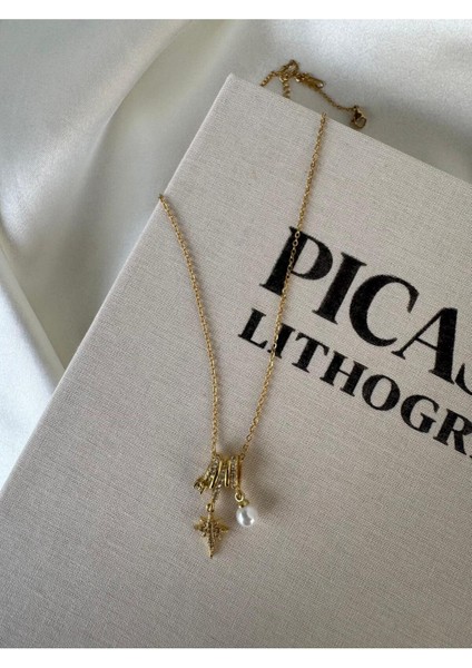 3 Charmlı Kuzey Yıldız Inci Topçuk Çelik Kolye modelleri