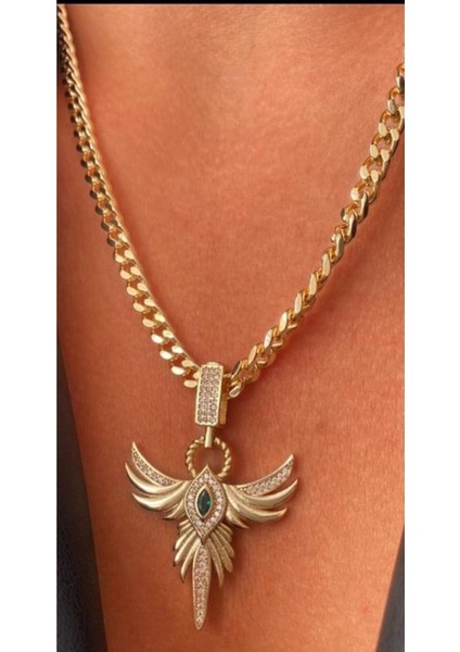 Zirkon Taş Detaylı Çelik Ankakuşu Kolye Yeşil Taşlı