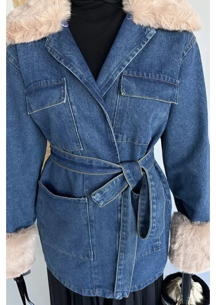 Tesettür Yaka Kol Kürk Detaylı Jean Kot Ceket P-00018980 fırsatları