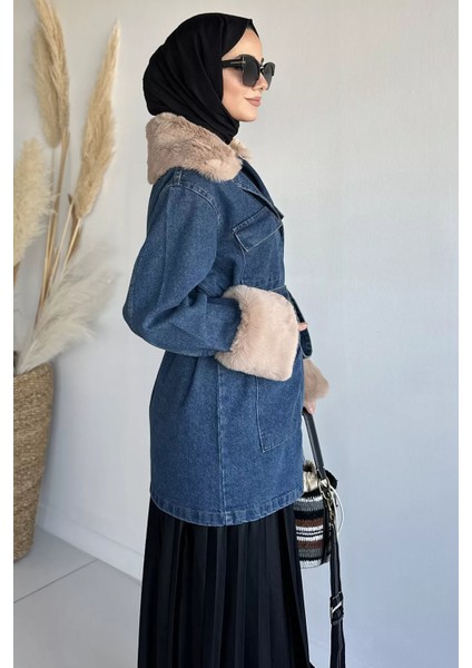 Tesettür Yaka Kol Kürk Detaylı Jean Kot Ceket P-00018980 indirimleri