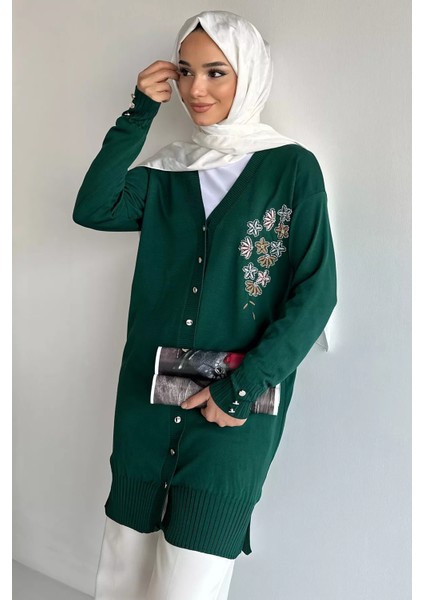 Ön Düğmeli V Yaka Nakışlı Tesettür Triko Hırka P-00019049