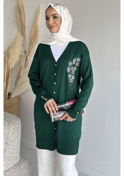 Ön Düğmeli V Yaka Nakışlı Tesettür Triko Hırka P-00019049 fiyatları