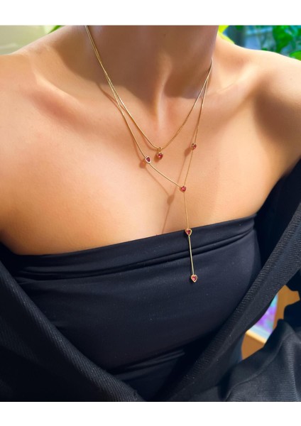 Aşkın ve Zarafetin Simgesi Kalp Taşlı Duble Kolye - 18 Ayar Altın Kaplama