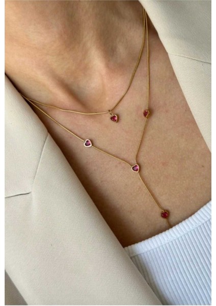 Aşkın ve Zarafetin Simgesi Kalp Taşlı Duble Kolye - 18 Ayar Altın Kaplama modelleri