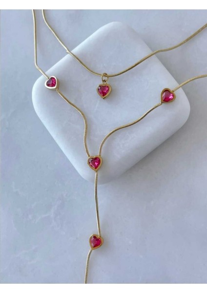 Aşkın ve Zarafetin Simgesi Kalp Taşlı Duble Kolye - 18 Ayar Altın Kaplama fırsatları