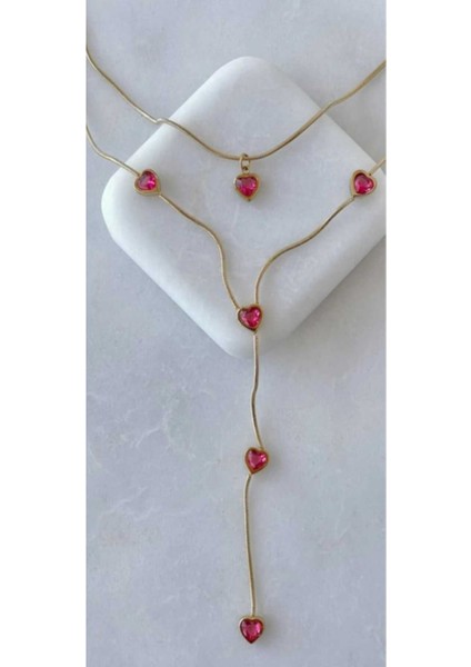 Aşkın ve Zarafetin Simgesi Kalp Taşlı Duble Kolye - 18 Ayar Altın Kaplama indirimleri