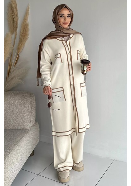 Ön Düğmeli Tesettür Triko Hırka Bel Lastikli Pantolon Ikili Takım P-00019052