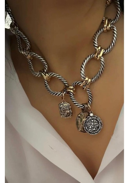 Zra Marka Çift Renk Madalyon Kolye