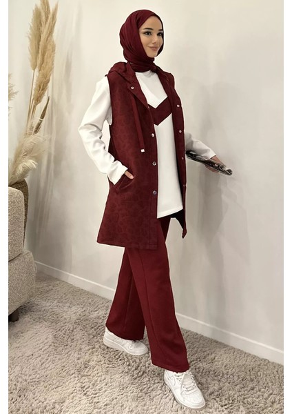 Kapüşonlu Yelek Tunik Pantolon Tesettür Üç Lü Takım P-00019144