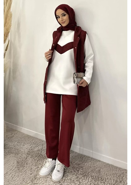 Kapüşonlu Yelek Tunik Pantolon Tesettür Üç Lü Takım P-00019144 modelleri