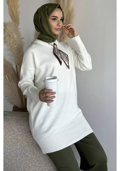 Bisiklet Yaka Fularlı Tesettür Triko Tunik P-00019203