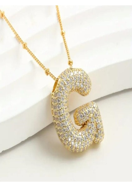 Kadın Çelik Gold Taşlı Balon Harf Kolye ( G Harfi )