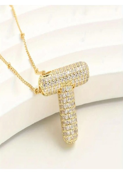 Kadın Çelik Gold Taşlı Balon Harf Kolye ( T Harfi ]