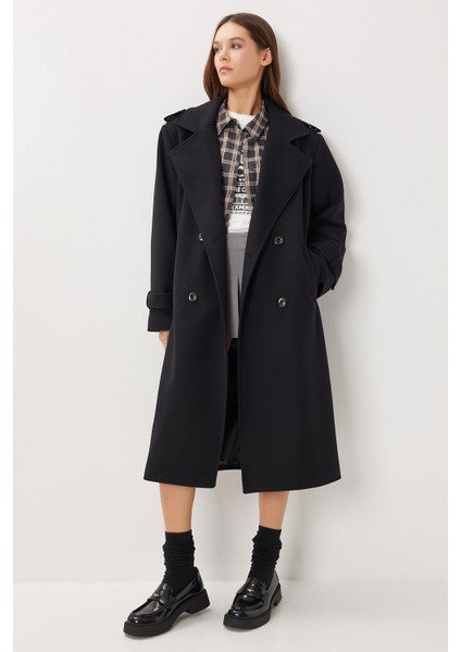 Kruvaze Yaka Kuşaklı Kaşe Kaban LNT0016 Siyah