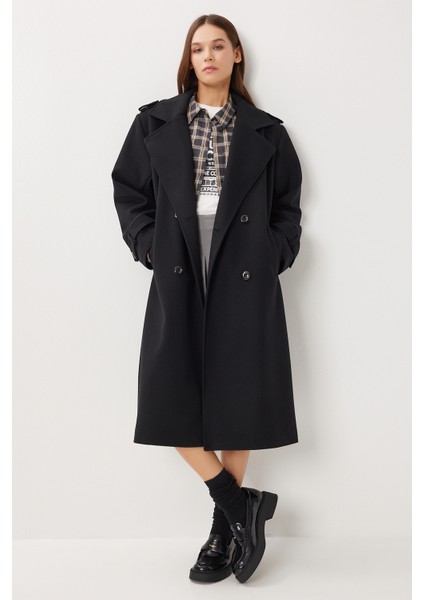 Kruvaze Yaka Kuşaklı Kaşe Kaban LNT0016 Siyah fiyatları