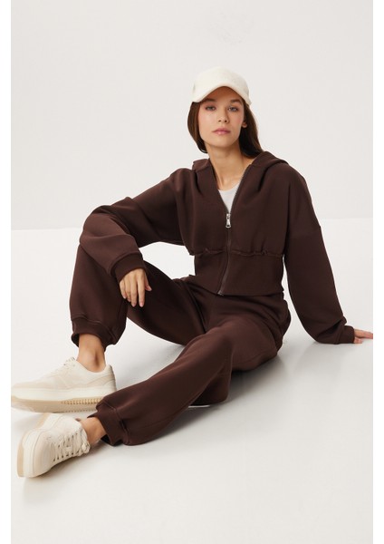 Fermuarlı Şardonlu Örme Alt-Üst Takım LDM0018 Kahverengi