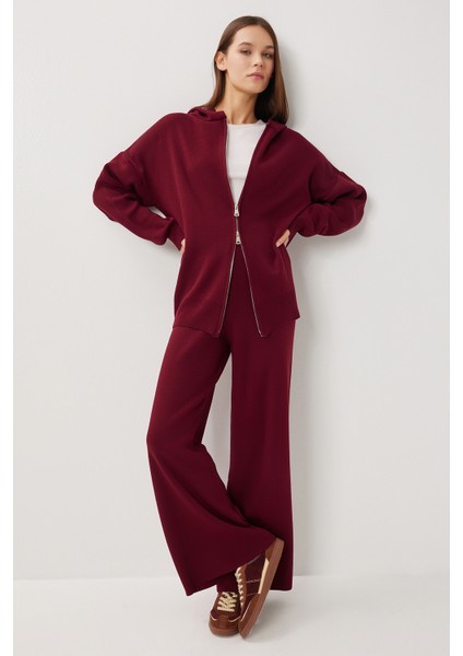 Kapüşonlu Fermuarlı Triko Alt-Üst Takım LMT0051 Bordo