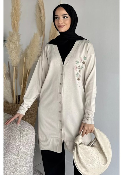 Ön Düğmeli V Yaka Nakışlı Tesettür Triko Hırka P-00019049