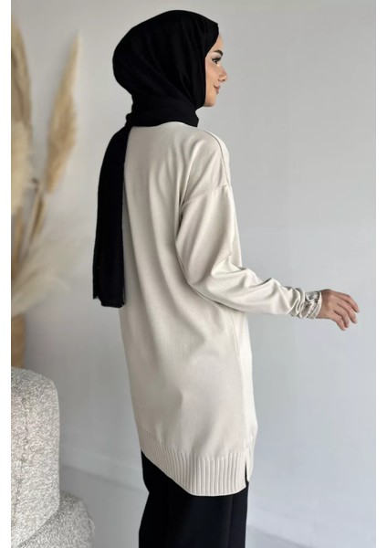 Ön Düğmeli V Yaka Nakışlı Tesettür Triko Hırka P-00019049 modelleri