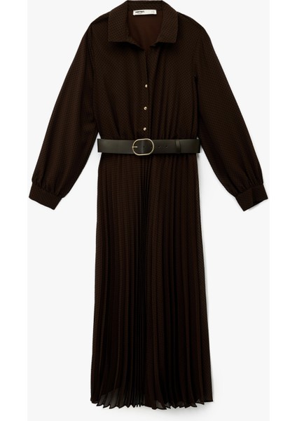 Düğmeli Kemer Detaylı Uzun Kollu Midi Gömlek Elbise