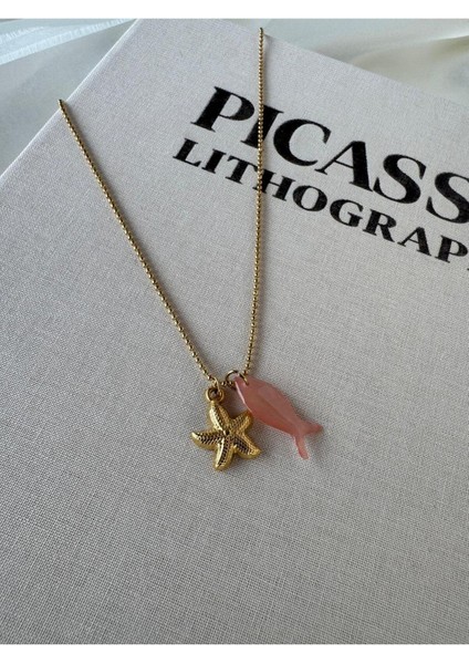 Çelik Topçuk Zincirli Şeffaf Pembe Balık Kolye