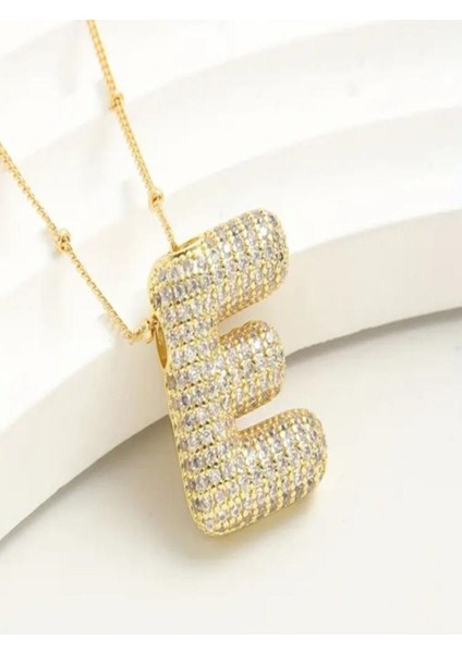 Kadın Çelik Gold Taşlı Balon Harf Kolye ( E Harfi )