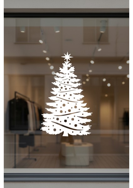 Yılbaşı Süslemeleri Kozalaklı Süslü Yılbaşı Ağacı Sticker Çıkartma Cam Duvar Kapı Süsü 33X50 cm