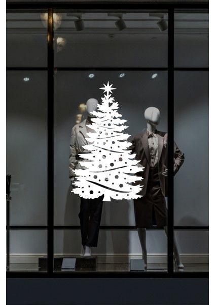 Yılbaşı Süslemeleri Kozalaklı Süslü Yılbaşı Ağacı Sticker Çıkartma Cam Duvar Kapı Süsü 33X50 cm modelleri