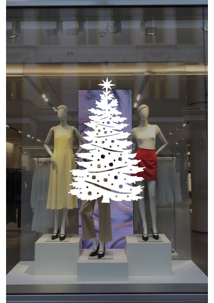 Yılbaşı Süslemeleri Kozalaklı Süslü Yılbaşı Ağacı Sticker Çıkartma Cam Duvar Kapı Süsü 33X50 cm fırsatları