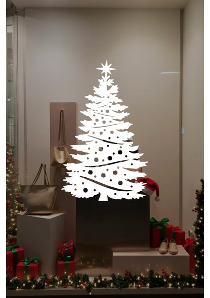 Yılbaşı Süslemeleri Kozalaklı Süslü Yılbaşı Ağacı Sticker Çıkartma Cam Duvar Kapı Süsü 33X50 cm indirimleri