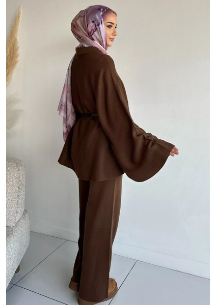 Gülseli Kadın Gold Düğmeli Kemer Detaylı Triko Panço Pantolon Tesettür Ikili Takım P-00019028 modelleri