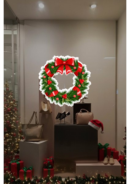 Kurdelalı Yılbaşı Kapı Tacı Süsü Vitrin Sticker Yapıştırma Yılbaşı Yeni Yıl Sticker fırsatları