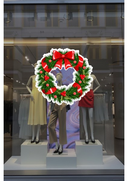 Kurdelalı Yılbaşı Kapı Tacı Süsü Vitrin Sticker Yapıştırma Yılbaşı Yeni Yıl Sticker indirimleri