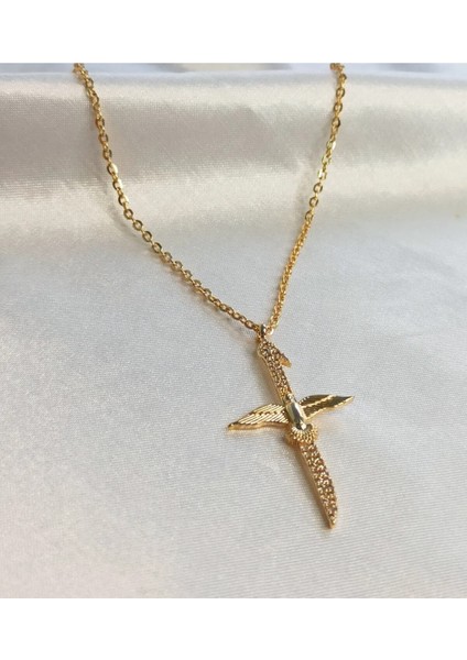 Gold Renk Zirkon Taşlı Zümrüdü Anka Kuşlu Elif Kolye modelleri